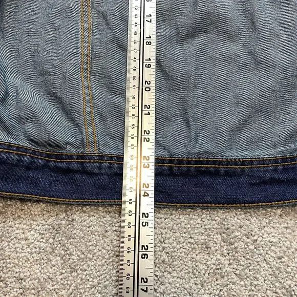 Rue 21 Jean Jacket Womens Small Blue Denim Distressed Dark Wash Black Hooded - Picture 7 of 11